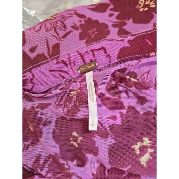 Free People Sheer Ruched Button Down Purple Floral Mesh Blouse coquette colorful - Picture 6 of 7